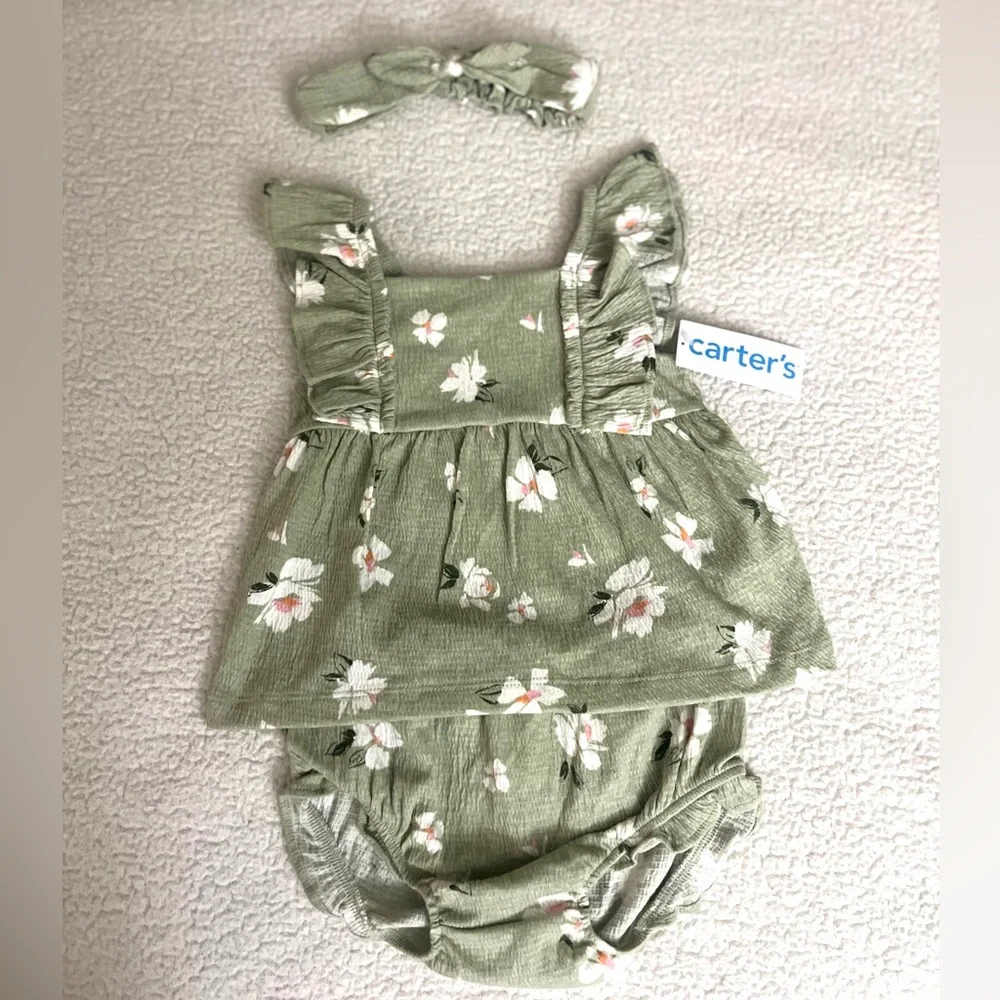Carter's Sage Floral Diaper Cover and Headband Set